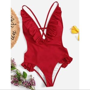 SALE! Red Ruffle Criss Cross Backless One Piece Swimsuit